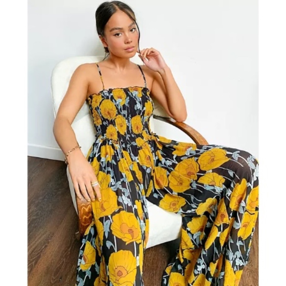 Free People Womens Sophia Smocked Sleeveless Jumpsuit Black Combo Floral XS